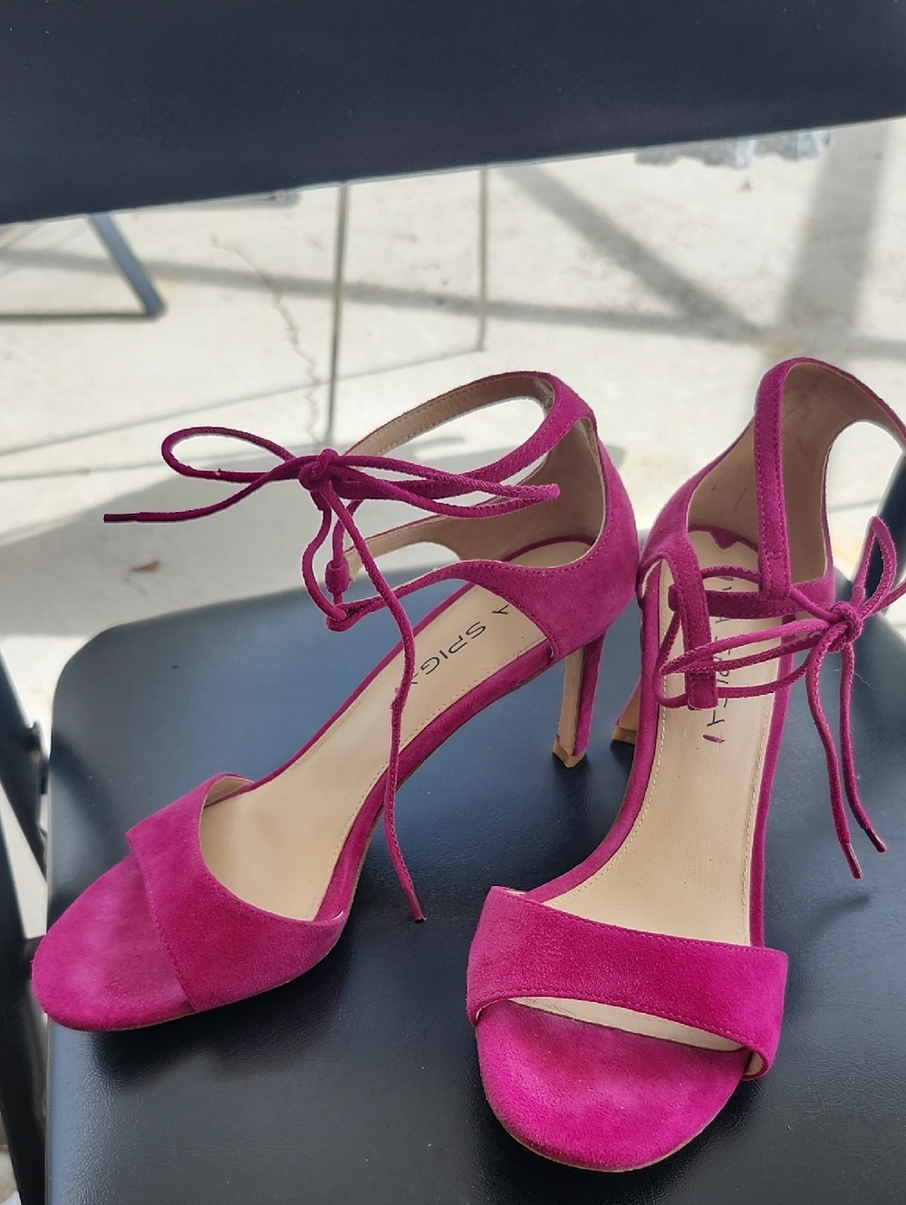 Via Spiga Skylar fuchsia suede open-toe ankle tie dress sandals.
